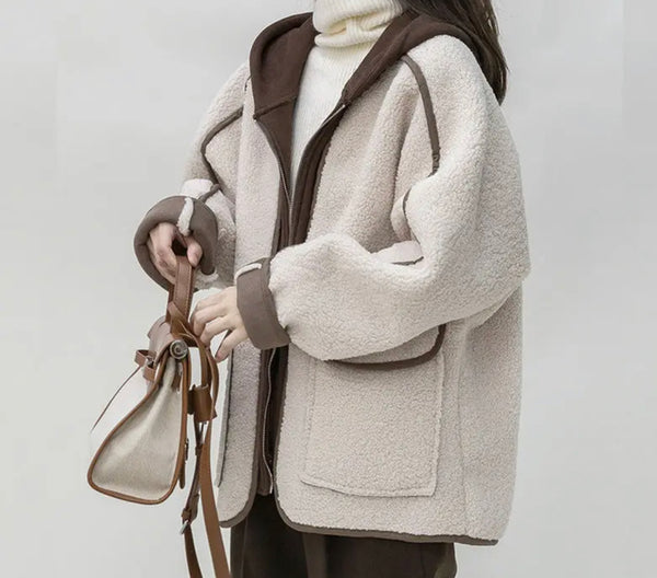 Woman in white and brown coat, wearing a Wool Two Piece Hoody Jacket