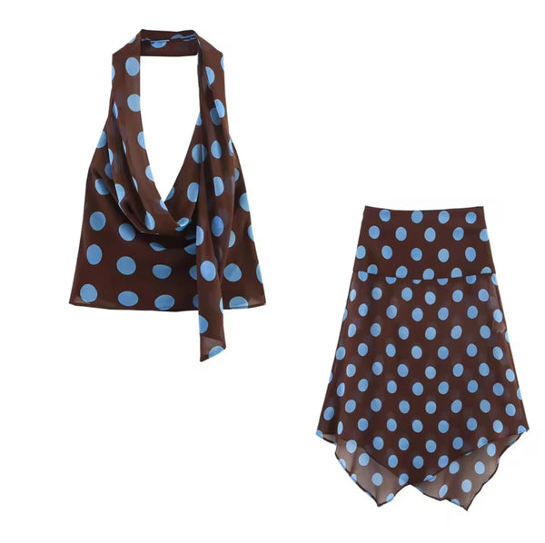 Polka Dot Brown and Blue Skirt and Top Co Ord