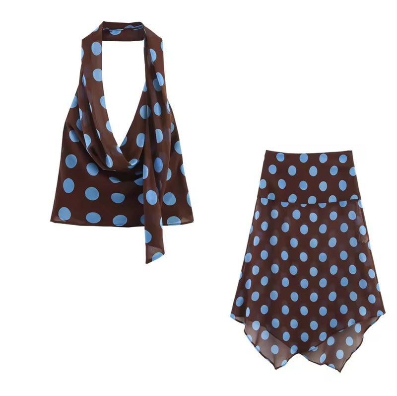 Polka Dot Brown and Blue Skirt and Top Co Ord