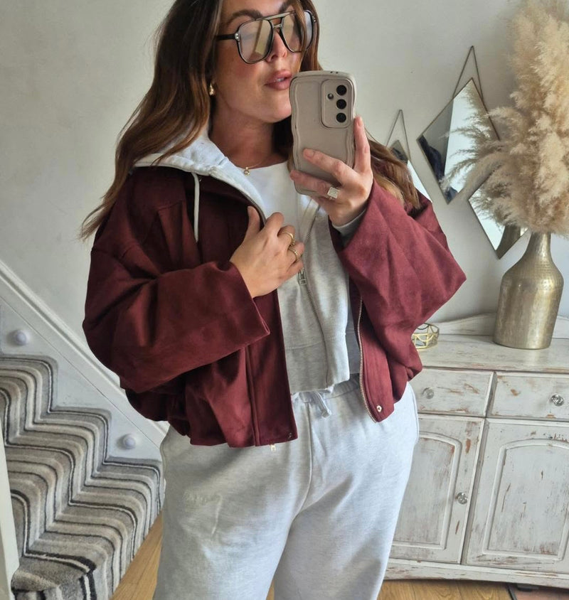 Burgundy Suede Style Pocket Jacket