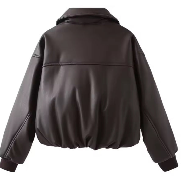 Brown Faux Leather Bomber Jacket