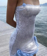 Rose sequin dress in silver and blue