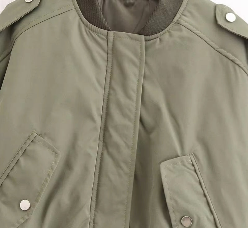 Khaki Casual Crop Bomber Jacket