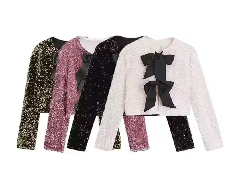 Double Bow Sequin Long Sleeve Top