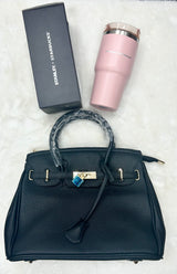 Gift set of one black handbag with pink stainless steel coffee cup bundle