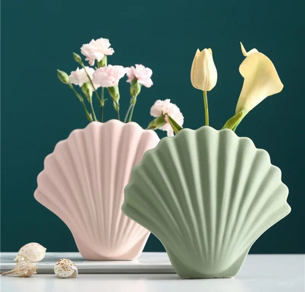 Pretty shell design ceramic vase flower pot in pink or green