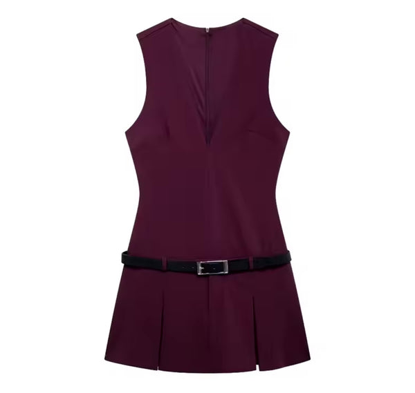 Belted Purple Burgundy Pinafore Dress