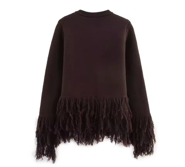 Brown Fringe Knitted Cardigan