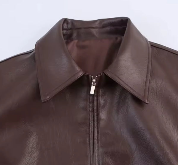 Red Brown Faux Leather Bomber Jacket