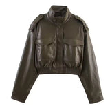 Green Brown Faux Leather Biker Jacket