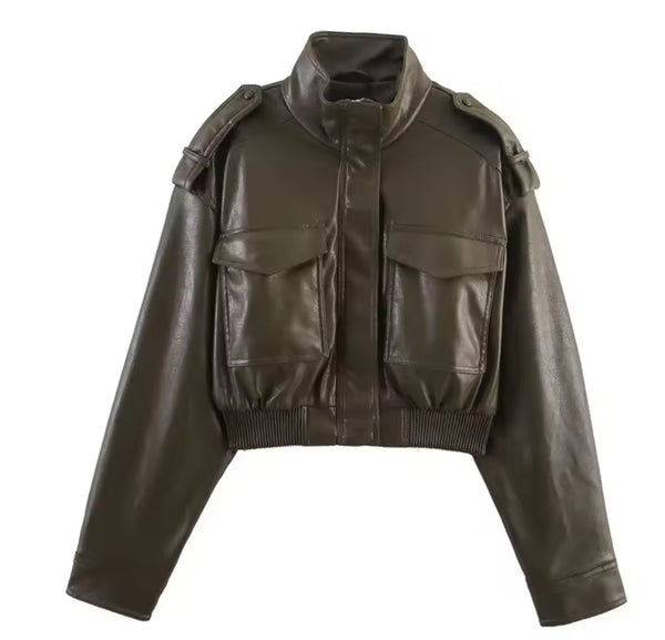 Green Brown Faux Leather Biker Jacket