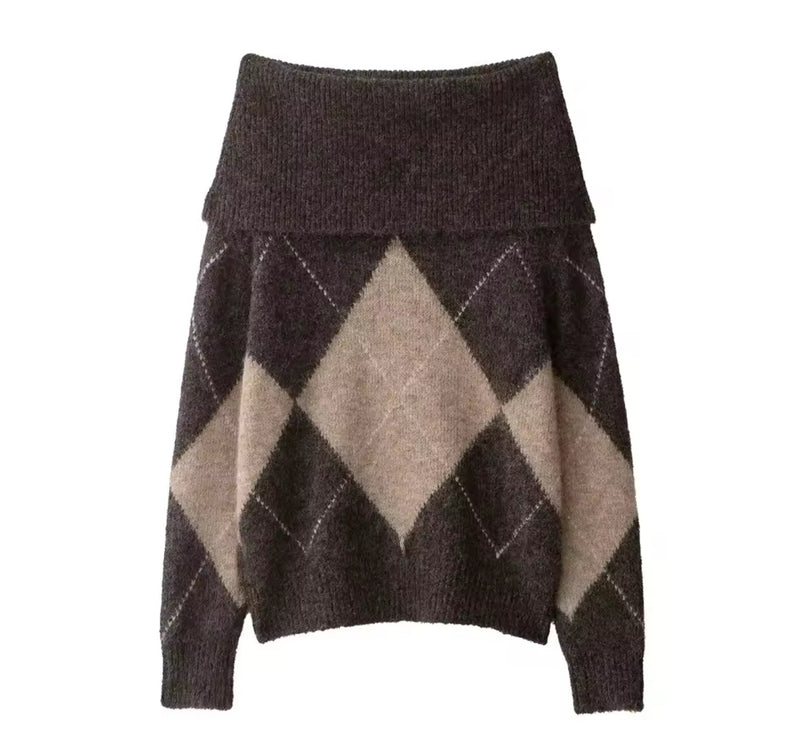 Brown Tone Off Shoulder Diamond Jumper
