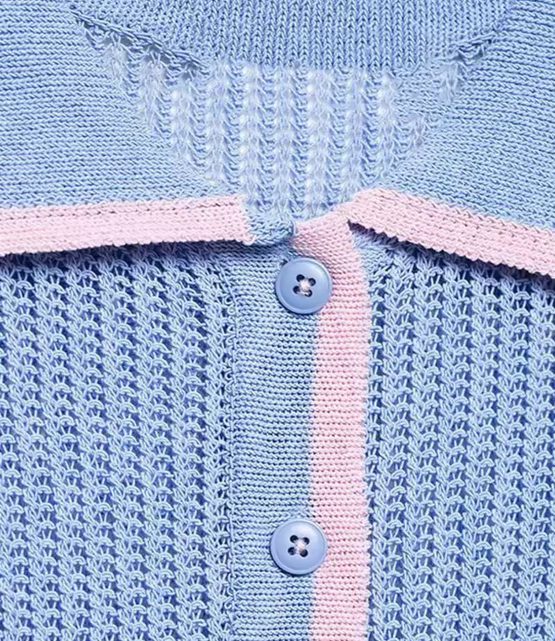 Blue and Pink Knitted Polo Top