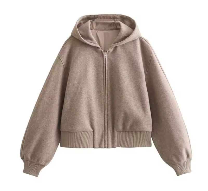 Beige Hooded Wool Bomber Jacket