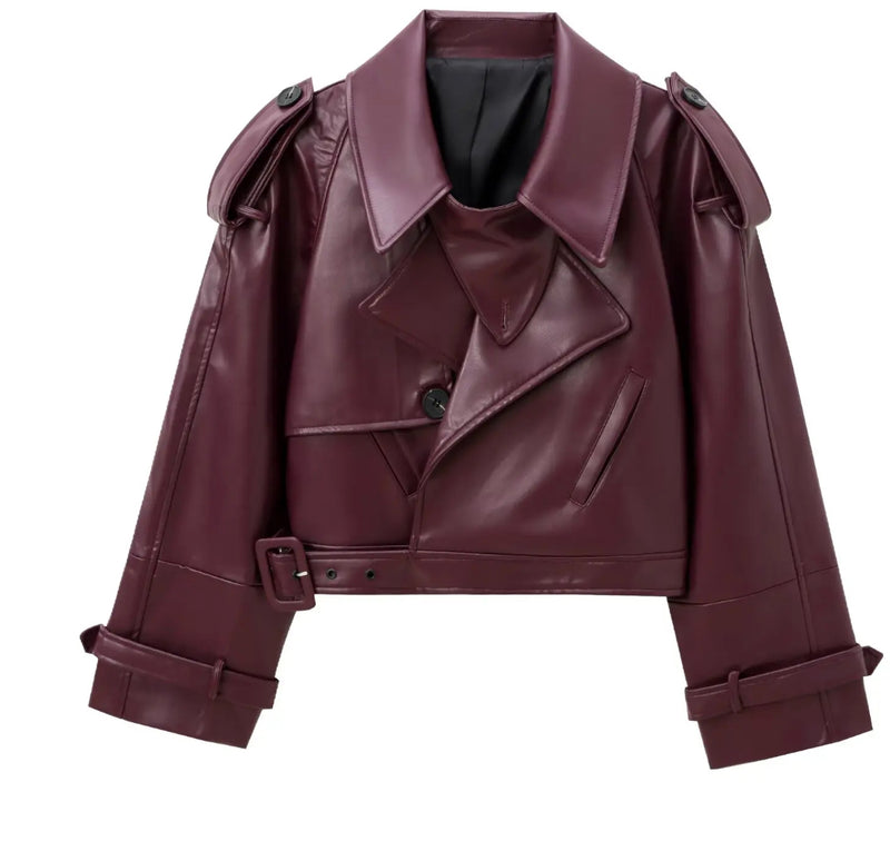 Faux Leather Belted Burgundy Jacket