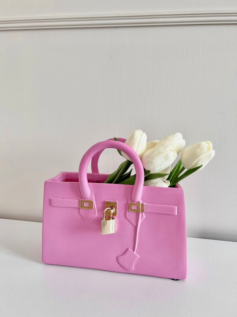 Stylish Handbag flower vase featuring pink purse and white tulip
