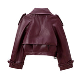 Faux Leather Belted Burgundy Jacket