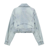 Belted Denim Jacket: Light blue cropped denim jacket