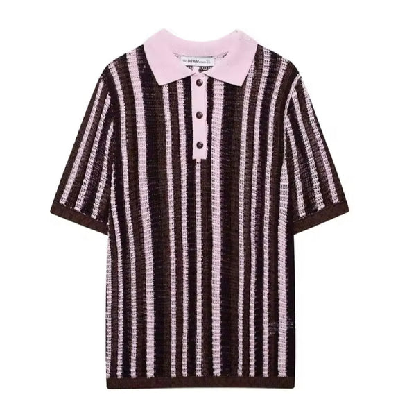 Brown and Pink Knitted Collar T-shirt