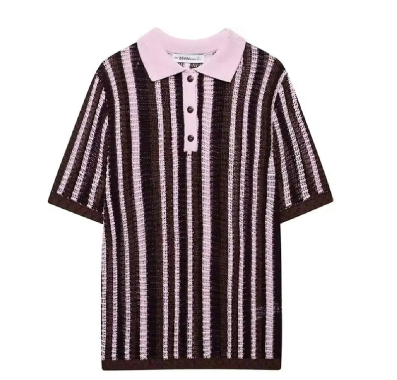 Brown and Pink Knitted Collar T-shirt