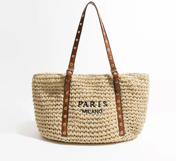 Stylish Paris Milano Brown Handle Beach Bag crafted from natural straw and leather
