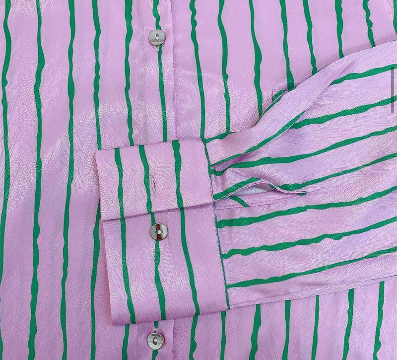 Pink and green striped satin pyjama shirt with green cuff