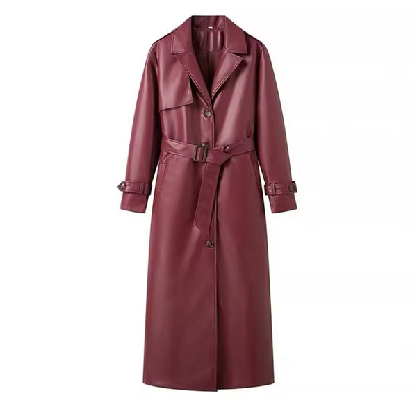 Burgundy Faux Leather Trench Coat