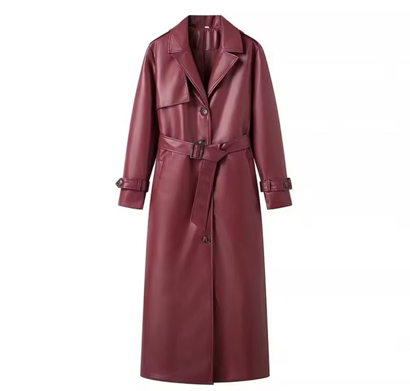 Burgundy Faux Leather Trench Coat