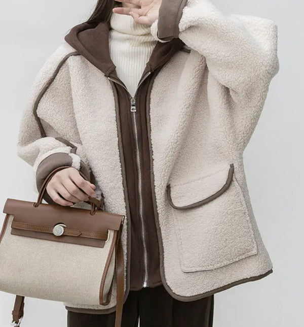 Fashionable woman in a white and brown coat, styled with a Wool Two Piece Hoody Jacket