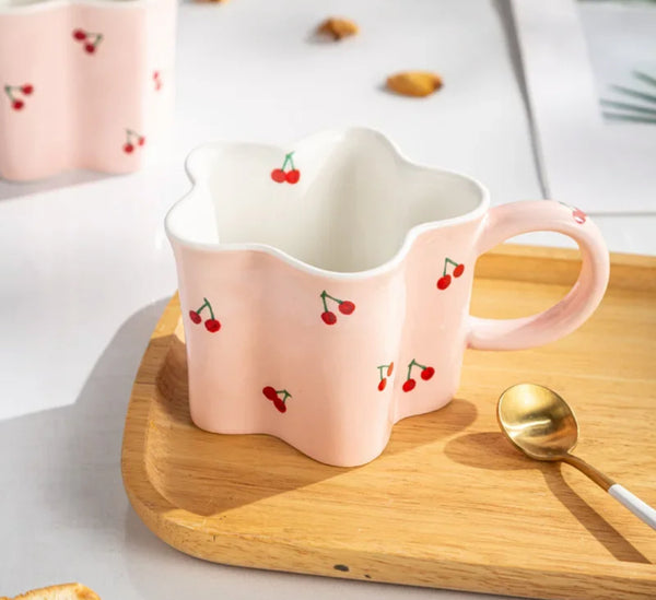 Hand painted pink cherry mugs, perfect for coffee lovers. Capacity: 300ml