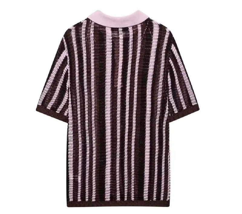 Brown and Pink Knitted Collar T-shirt