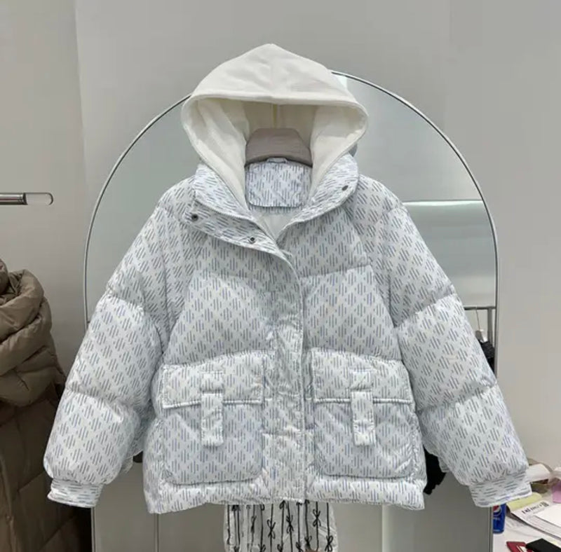 Pattern Down Puffer Jacket With Hood - white and gray jacket with hood on it.