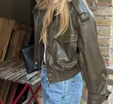Green Brown Faux Leather Biker Jacket