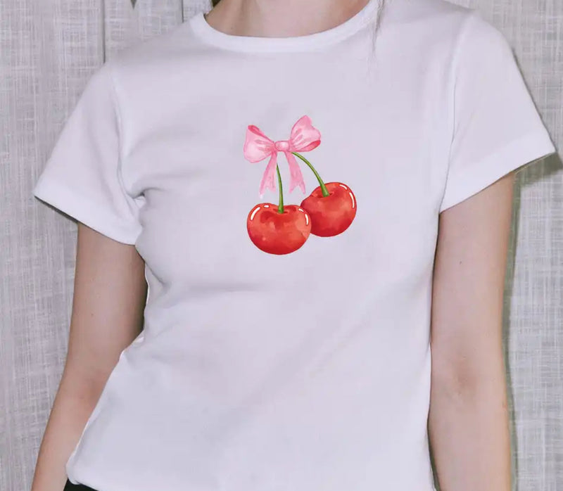 White Cherry Bow Crop Tshirt