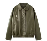 Khaki Faux Leather Jacket Bomber