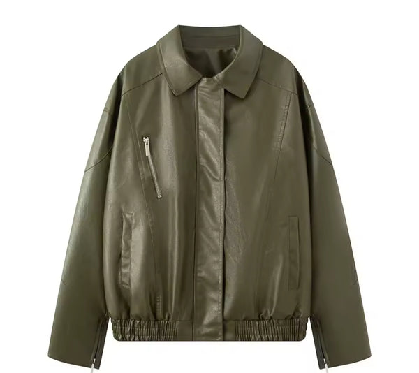 Khaki Faux Leather Jacket Bomber
