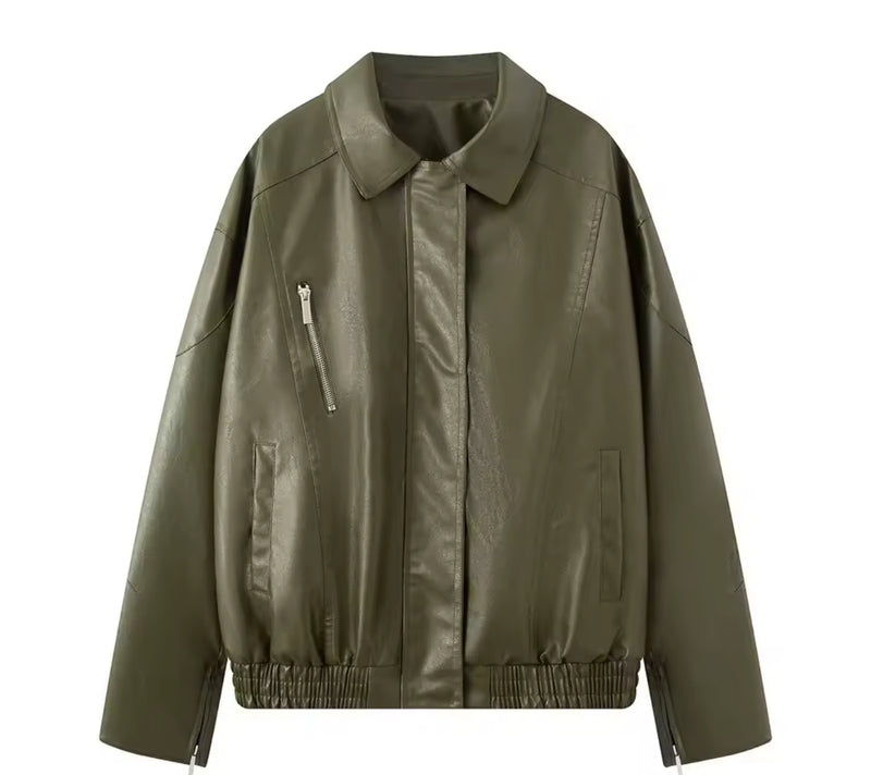 Khaki Faux Leather Jacket Bomber