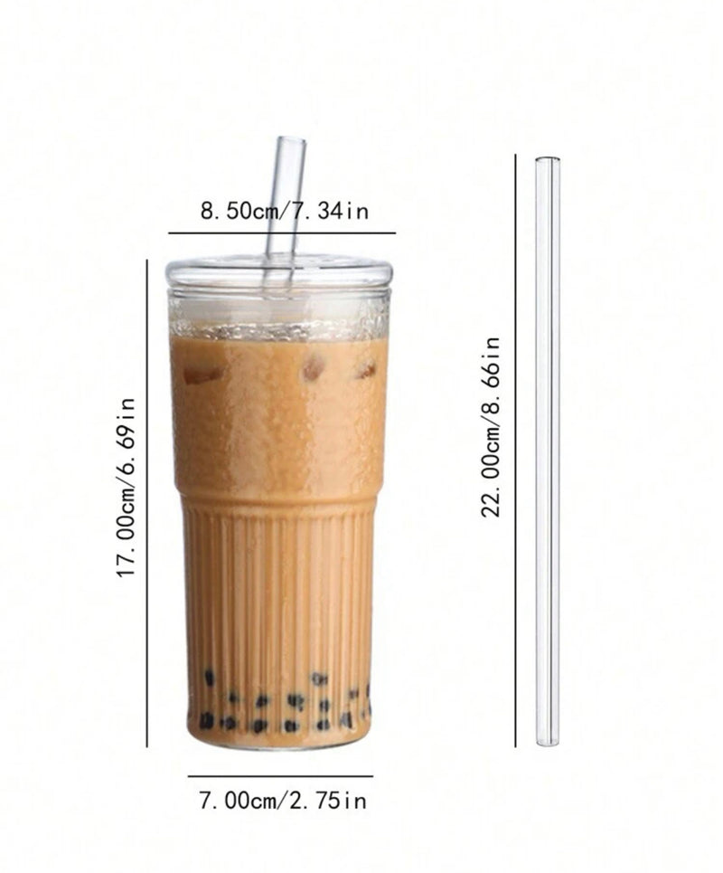 Iced coffee glass plain clear glass with lid and straw