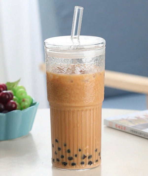 Iced coffee glass plain clear glass with lid and straw