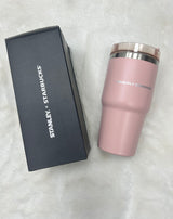 Gift set of one black handbag with pink stainless steel coffee cup bundle