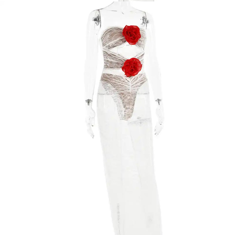 Lace Rose See Through Dress featuring mannequin with red roses, a captivating blend of elegance and floral charm.