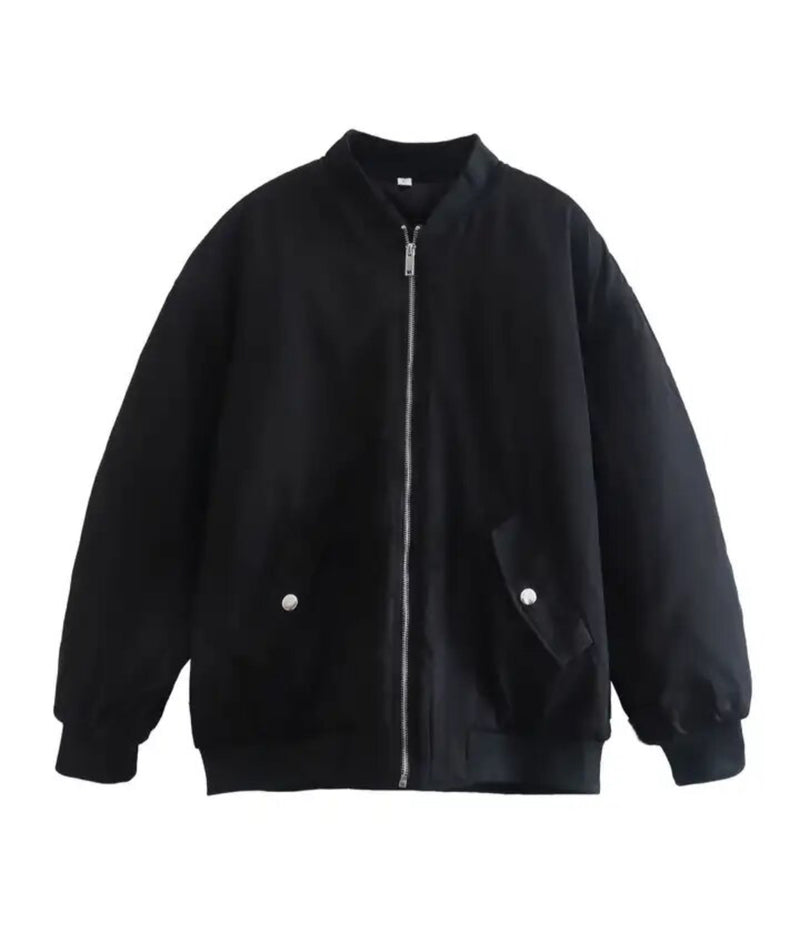  Stylish black bomber jacket featuring sleeve zippers