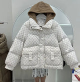 Pattern Down Puffer Jacket With Hood - white jacket with a hood, perfect for chilly days.