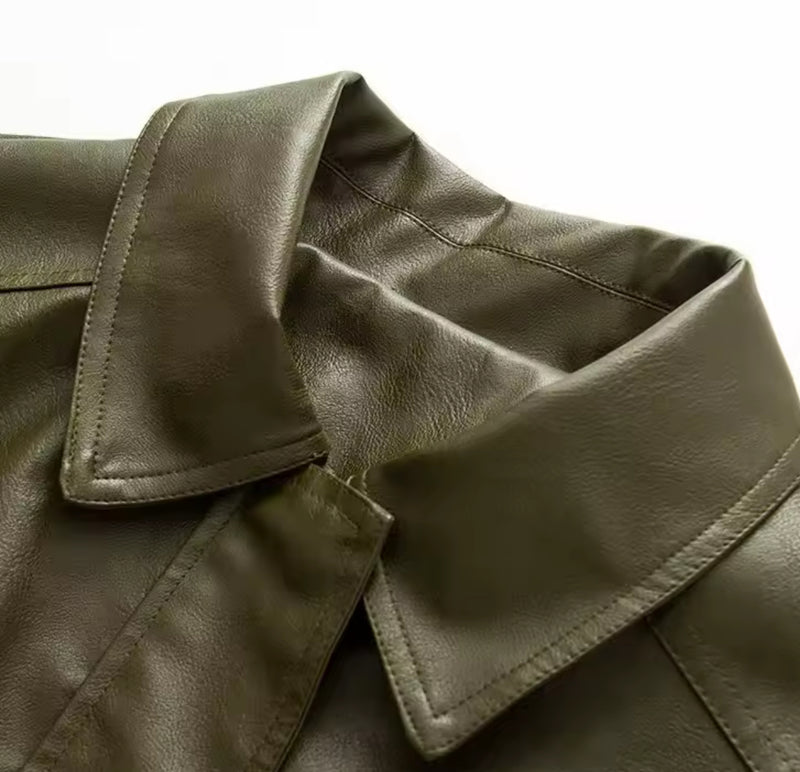 Khaki Faux Leather Jacket Bomber