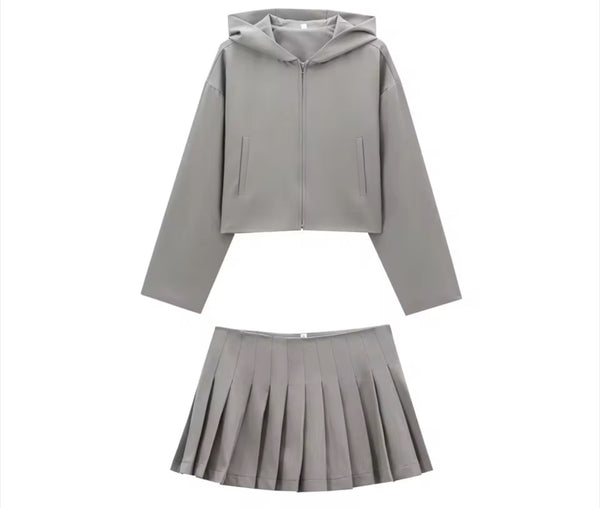 Grey Jacket and Skirt Pleated Co Ord Set