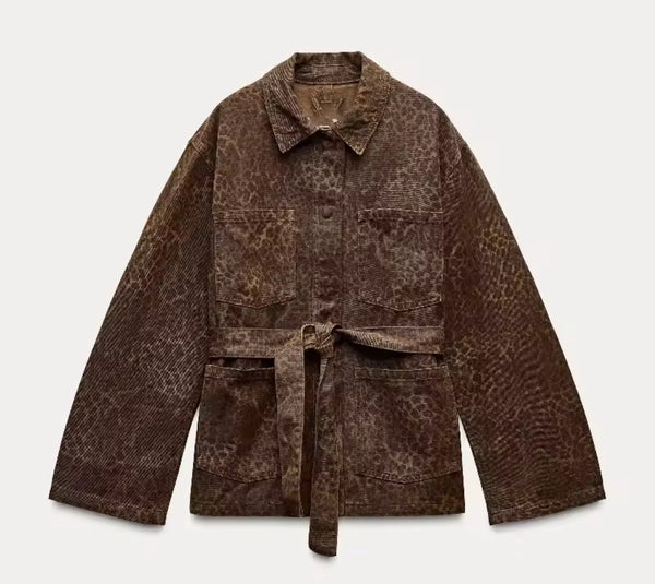 Leopard Print Denim Tie Waist Jacket
