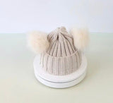 White hat with two fluffy pom poms on top - Baby And Kids Beanie with fur Embroidered