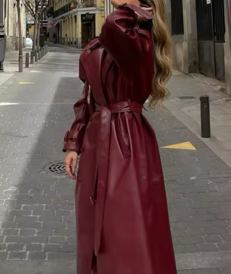 Burgundy Faux Leather Trench Coat