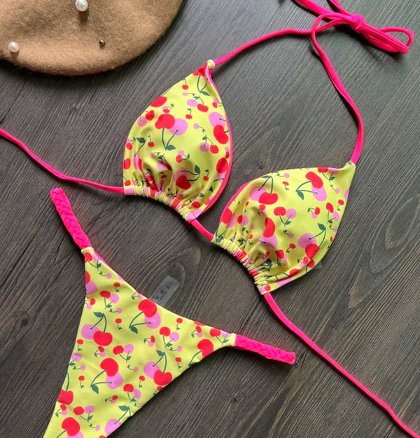 Bikini set with pink and yellow floral print, product name: Cherry Thong bikini Yellow and Pink.