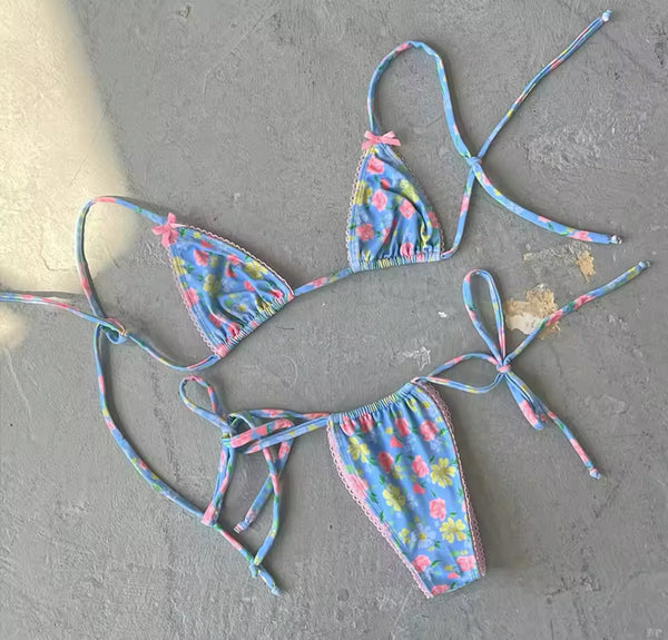 Baby blue floral tie up bikini